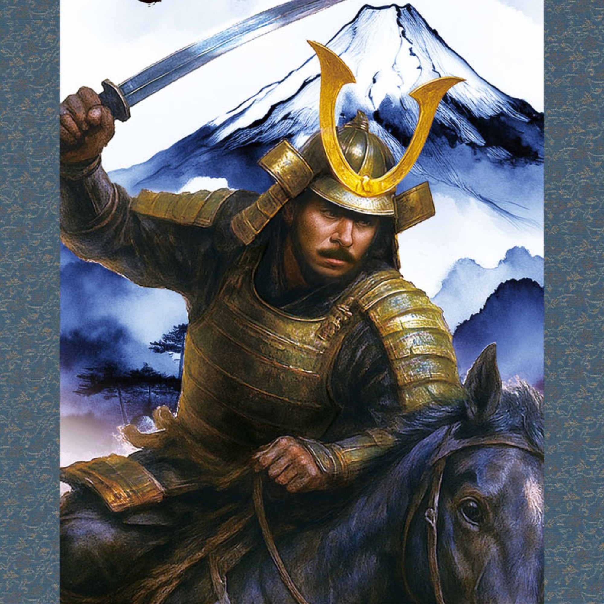 Japanese Samurai Kakemono Wall Scroll – Mounted Samurai with Sword and Mount Fuji